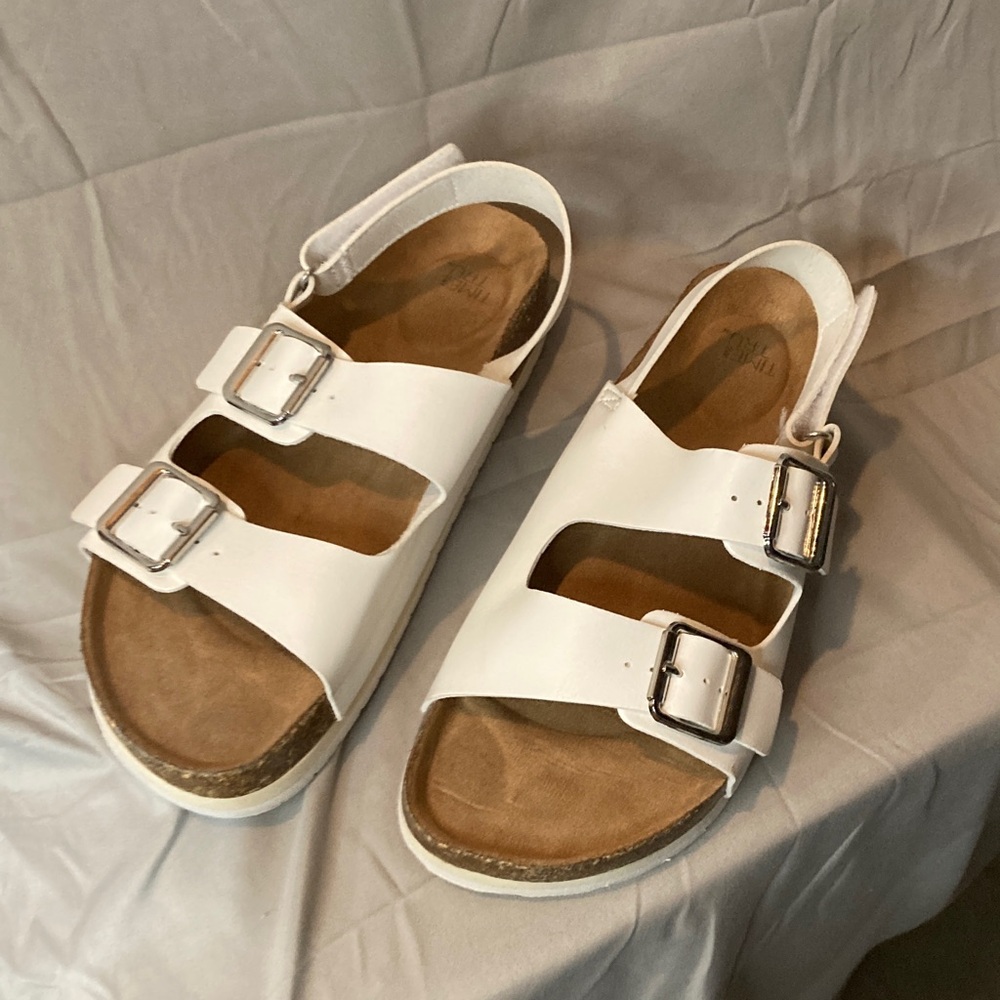 Time and Tru White Double Buckle Sandals